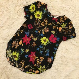 H&M Floral Vibrant Black Asymmetrical Cap Sleeve